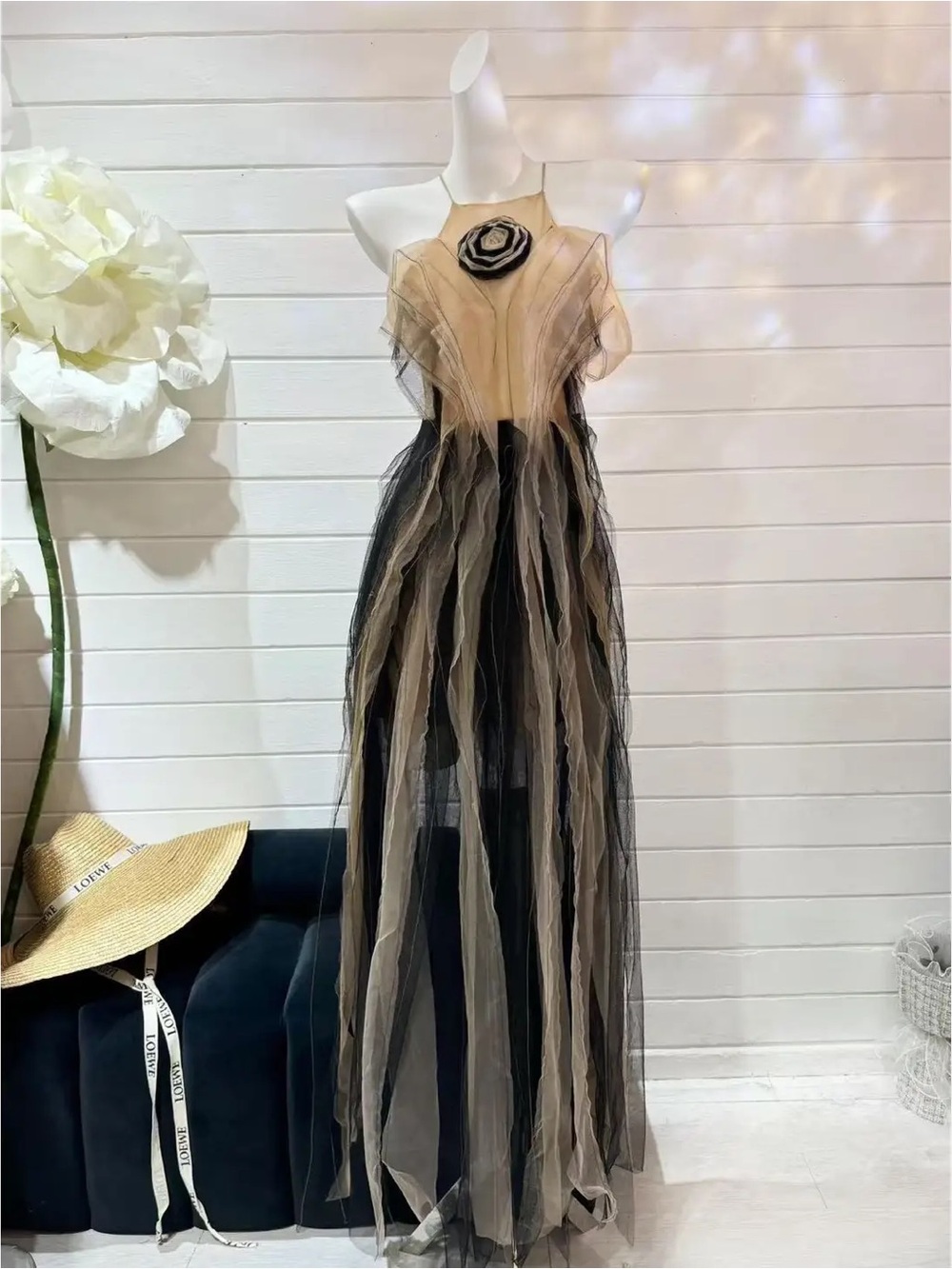 Off-Shoulder Mesh Dress with Floral & Color Contrast